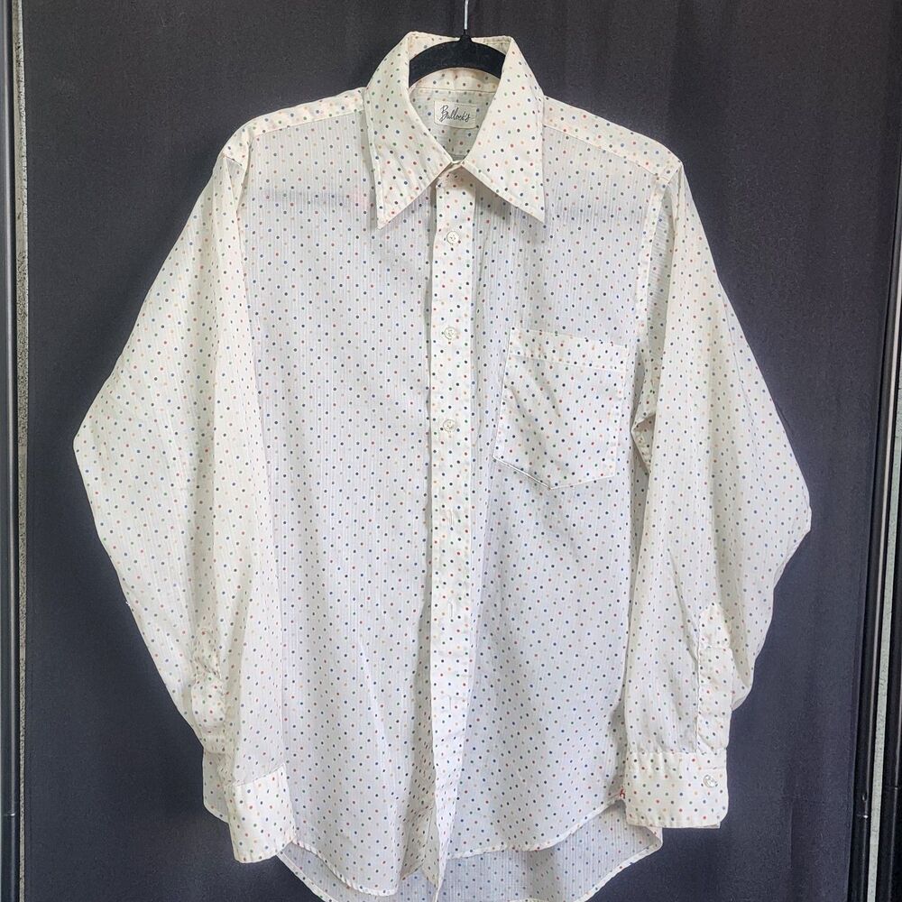 Retro 1970s Polka Dot Button-Down Shirt Men's M-L White Green Red Dots